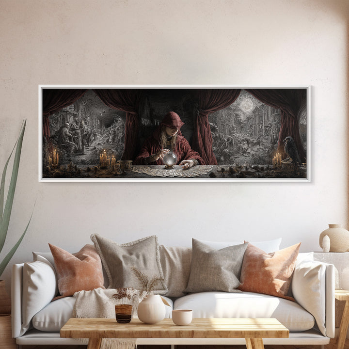 The Midnight Fortune Teller, Medieval Grotesque Art, Extra Wide Wall Art, Dark Fantasy Wall Art, Framed Canvas Print, Halloween Decor