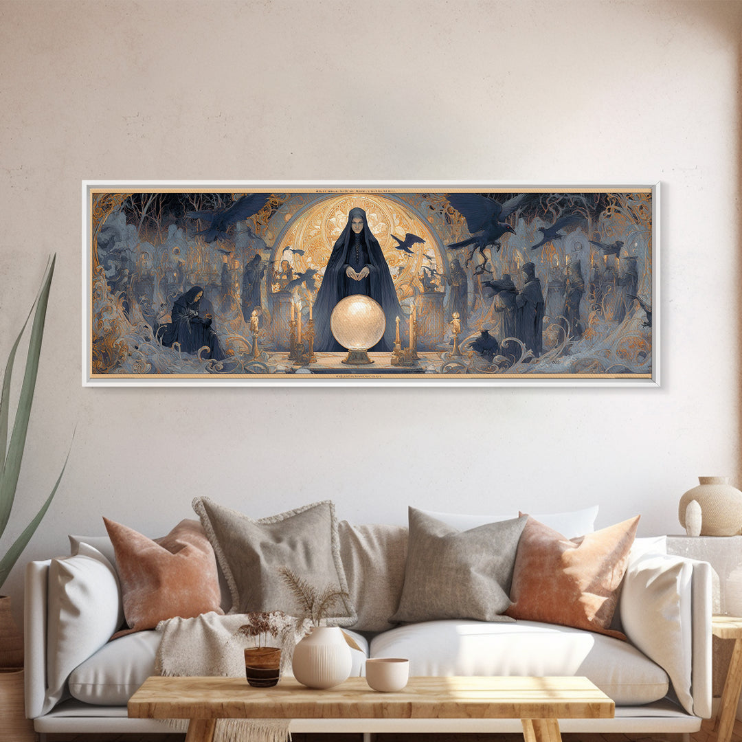 The Midnight Fortune Teller, Symbolist Death Art, Extra Wide Wall Art, Macabre Wall Art, Canvas Print, Halloween Wall Art