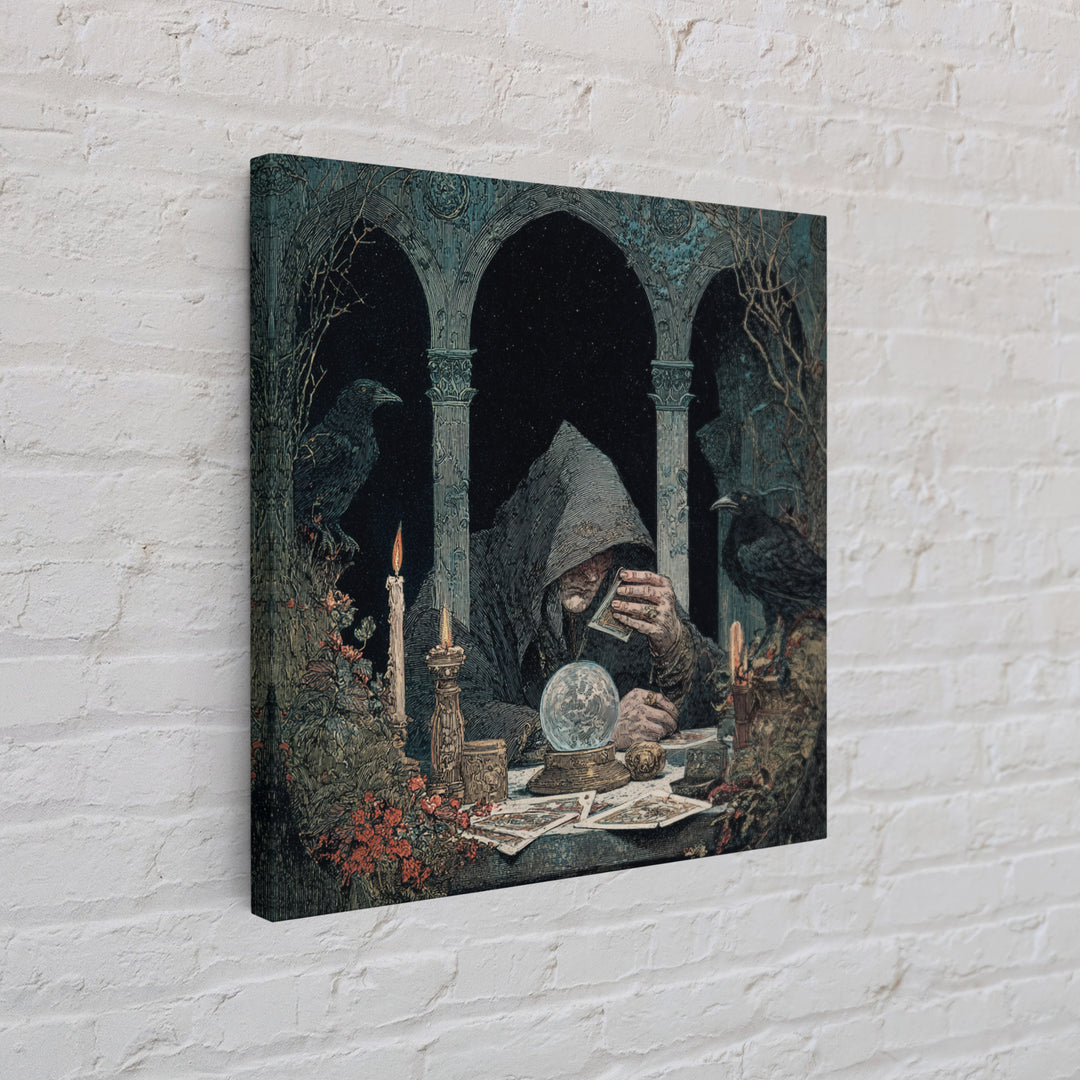 The Midnight Fortune Teller, Symbolist Etching Art, Square Wall Art, Dark Halloween Decor, Framed Canvas Print, Halloween Wall Art