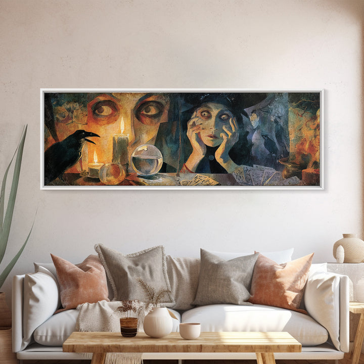 The Midnight Fortune Teller, Expressionist Gothic Art, Extra Wide Wall Art, Macabre Wall Art, Canvas Print, Halloween Wall Art