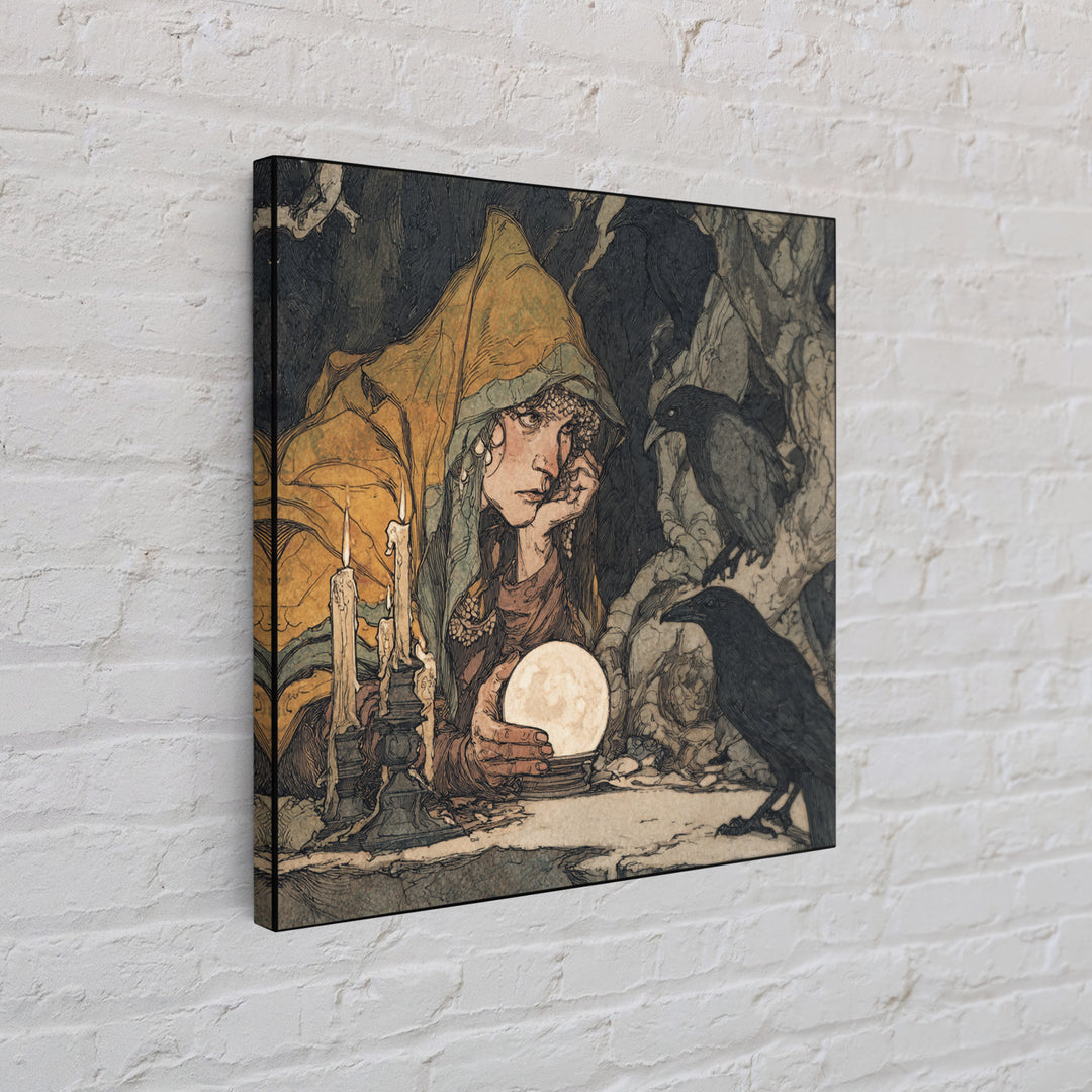 The Midnight Fortune Teller, Gothic Storybook Art, Square Wall Art, Dark Fantasy Wall Art, Framed Canvas Print, Halloween Wall Art