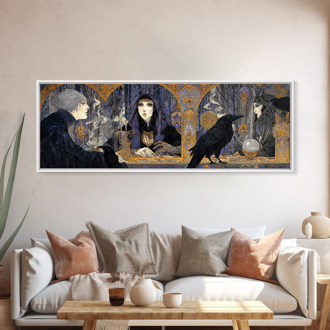 The Midnight Fortune Teller, Stained Glass Gothic Art, Extra Wide Wall Art, Dark Halloween Decor, Canvas Print, Halloween Wall Art