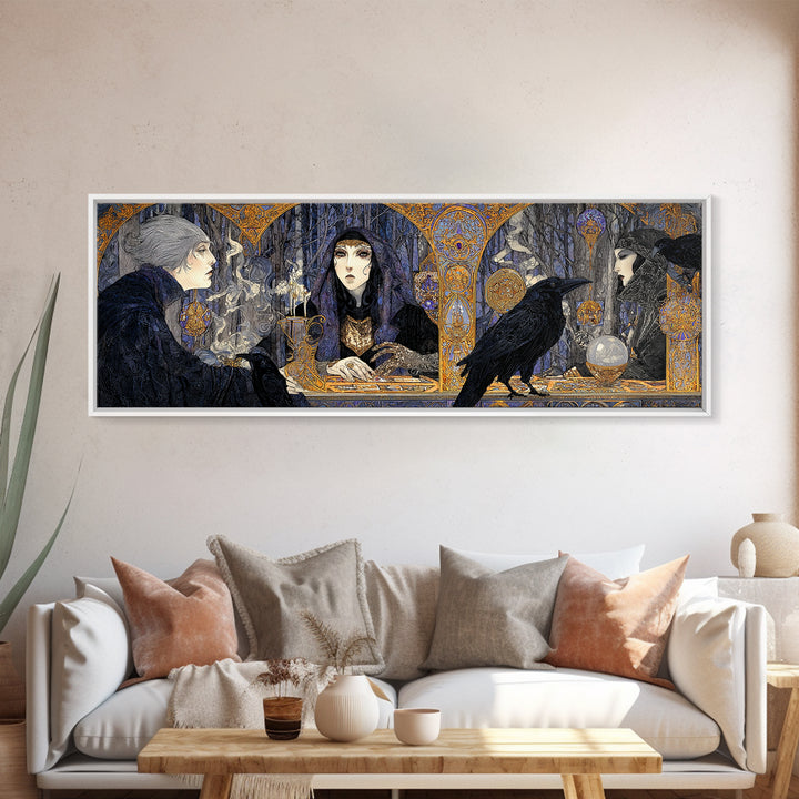 The Midnight Fortune Teller, Stained Glass Gothic Art, Extra Wide Wall Art, Dark Halloween Decor, Canvas Print, Halloween Wall Art