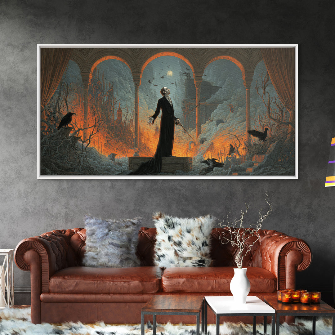 The Sinister Undertaker, Apocalyptic Romantic Art, Wide Panoramic Art, Dark Halloween Decor, Canvas Print, Halloween Wall Art
