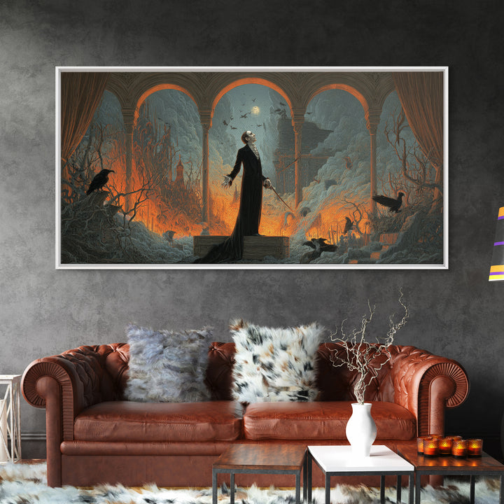 The Sinister Undertaker, Apocalyptic Romantic Art, Wide Panoramic Art, Dark Halloween Decor, Canvas Print, Halloween Wall Art