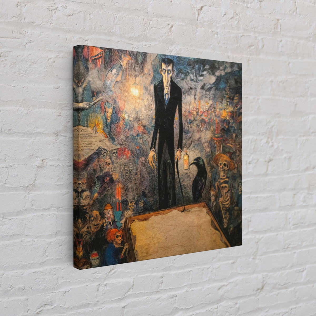 The Sinister Undertaker, Grotesque Carnival Art, Square Wall Art, Macabre Wall Art, Framed Canvas Print, Halloween Wall Art
