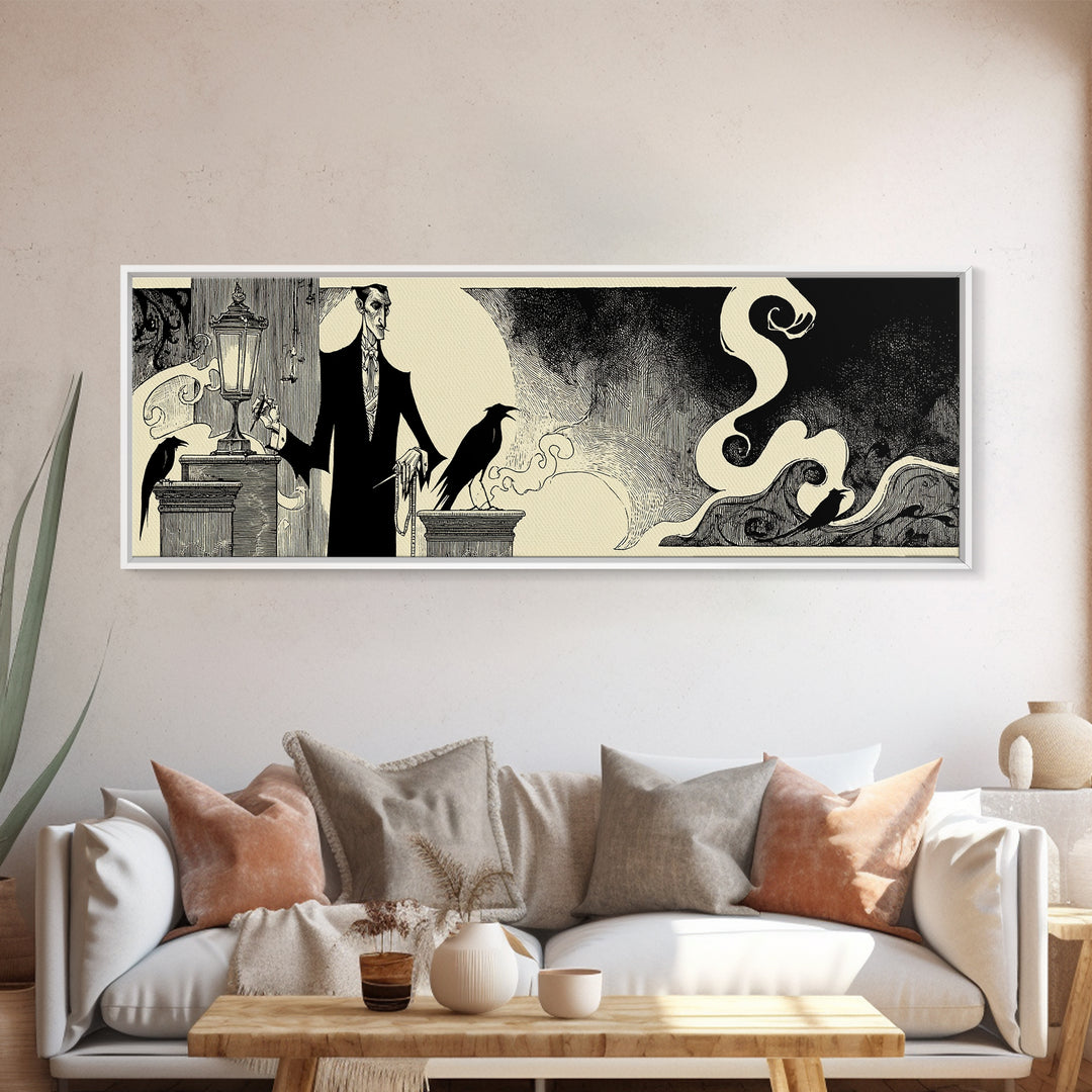 The Sinister Undertaker, Decadent Line Art, Extra Wide Wall Art, Dark Halloween Decor, Canvas Print, Halloween Wall Art