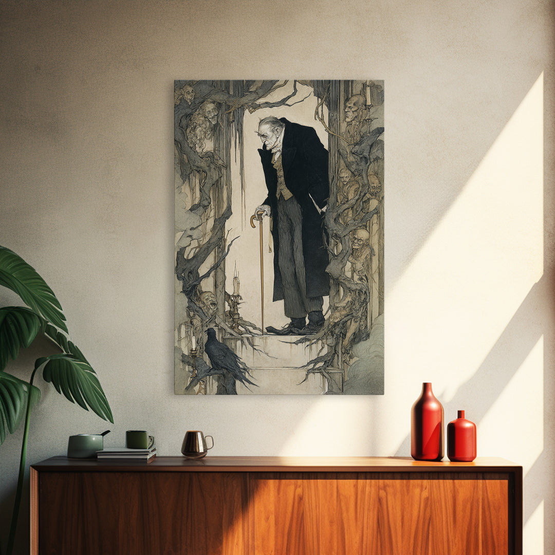 The Sinister Undertaker, Gothic Storybook Art, Vertical Wall Art, Gothic Horror Wall Art, Framed Canvas Print, Halloween Wall Art