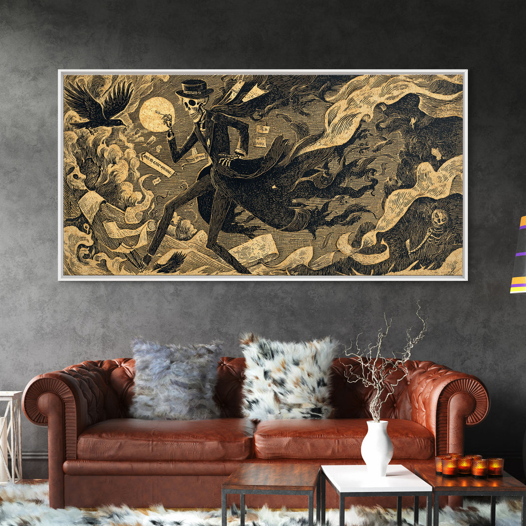 The Sinister Undertaker, Macabre Folk Print Art, Wide Panoramic Art, Dark Fantasy Wall Art, Canvas Print, Halloween Wall Art