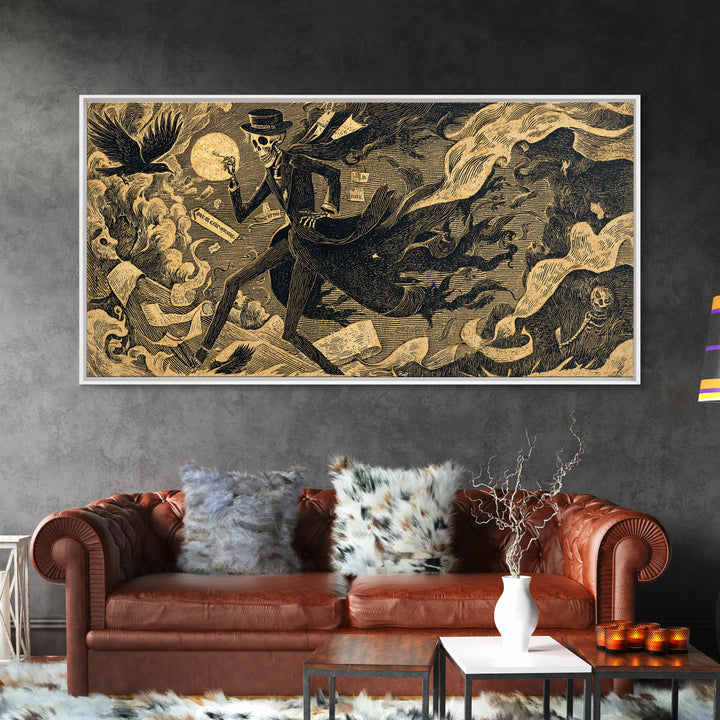 The Sinister Undertaker, Macabre Folk Print Art, Wide Panoramic Art, Dark Fantasy Wall Art, Canvas Print, Halloween Wall Art