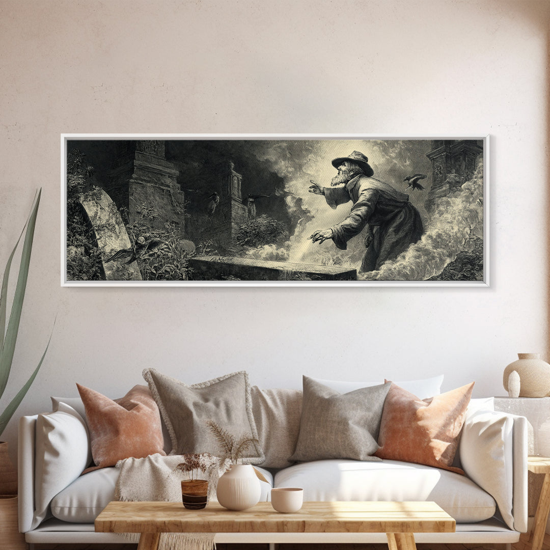 The Lantern Gravedigger, Gothic Engraving Art, Extra Wide Wall Art, Dark Fantasy Wall Art, Canvas Print, Halloween Wall Art