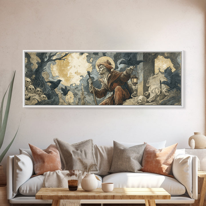 The Lantern Gravedigger, Dark Renaissance Art, Extra Wide Wall Art, Macabre Wall Art, Framed Canvas Print, Halloween Wall Art