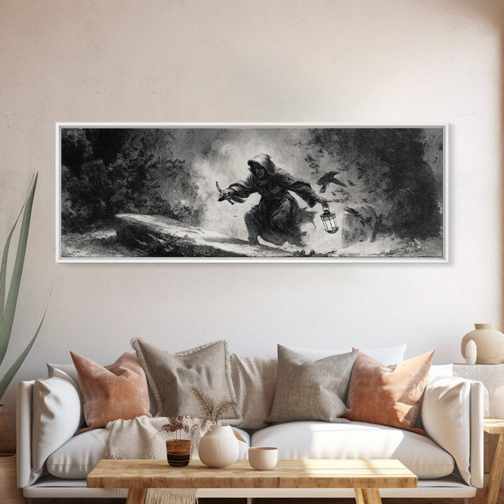 The Lantern Gravedigger, Dark Romantic Horror Art, Extra Wide Wall Art, Dark Fantasy Wall Art, Framed Canvas Print, Halloween Wall Art