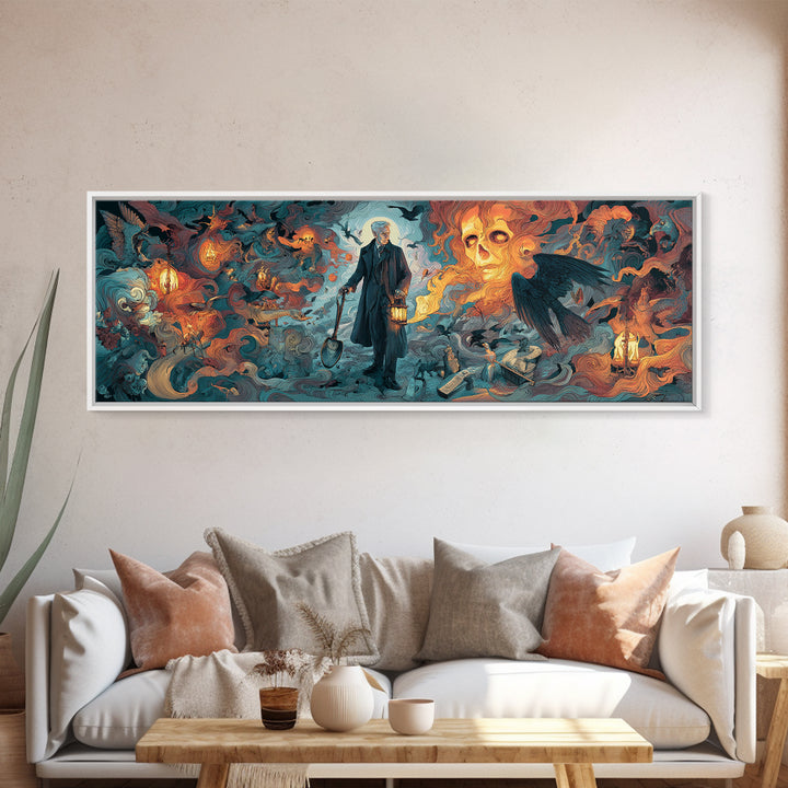 The Lantern Gravedigger, Visionary Gothic Art, Extra Wide Wall Art, Gothic Horror Wall Art, Framed Canvas Print, Halloween Wall Art