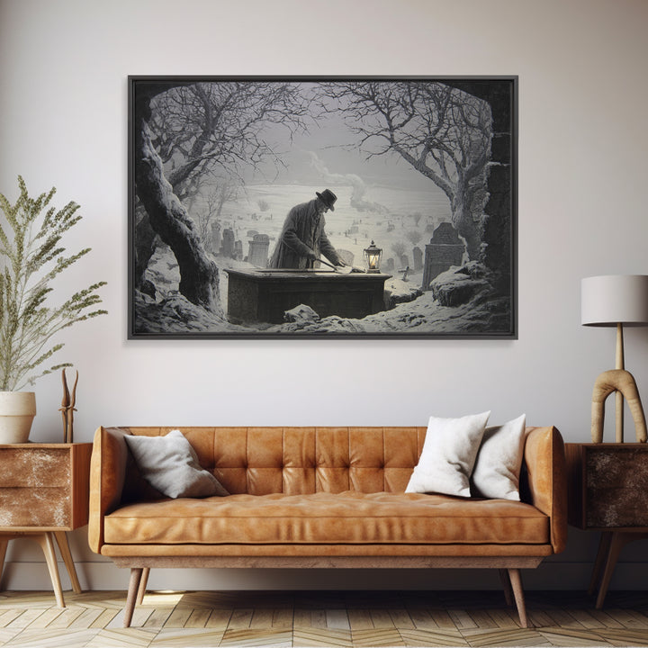 The Lantern Gravedigger, Romantic Gothic Landscape, Landscape Wall Art, Macabre Wall Art, Canvas Print, Halloween Wall Art