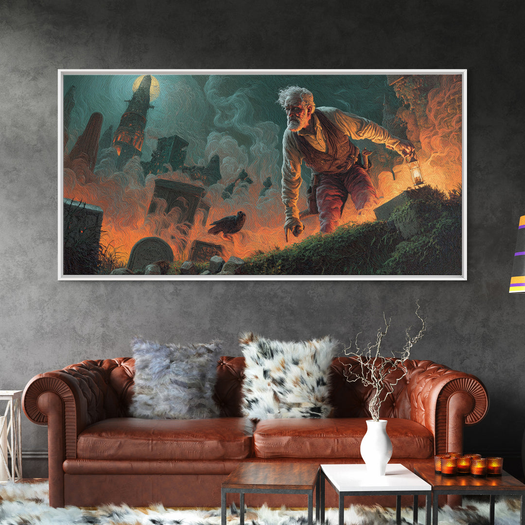 The Lantern Gravedigger, Apocalyptic Romantic Art, Wide Panoramic Art, Gothic Horror Wall Art, Canvas Print, Halloween Wall Art