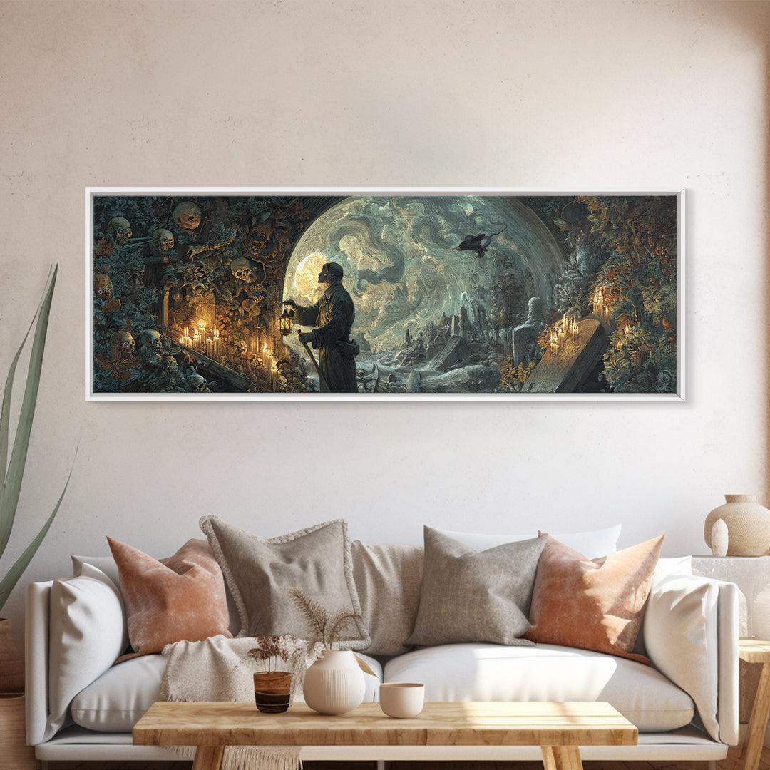 The Lantern Gravedigger, Ornate Symbolist Art, Extra Wide Wall Art, Gothic Horror Wall Art, Framed Canvas Print, Halloween Wall Art