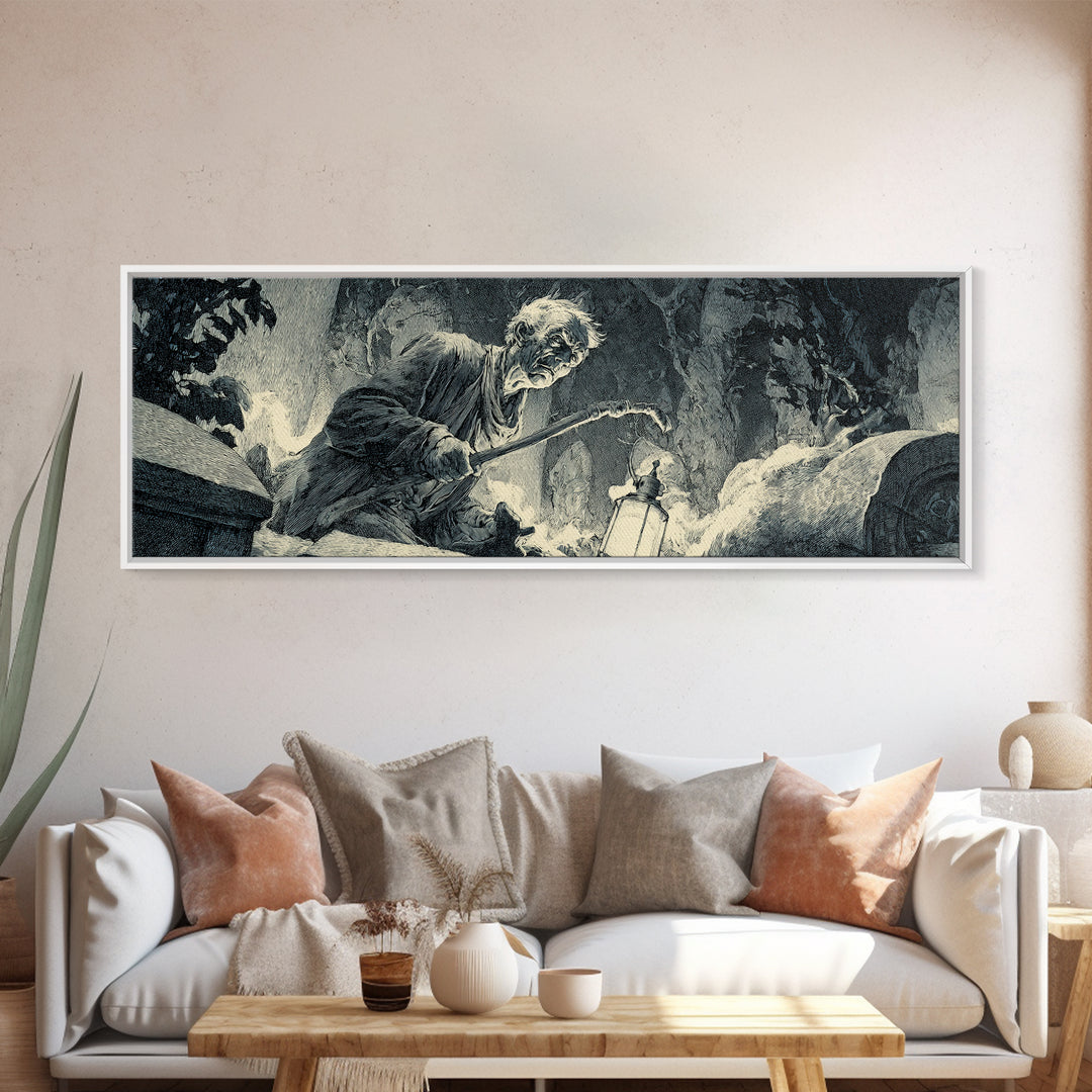 The Lantern Gravedigger, Decadent Gothic Art, Extra Wide Wall Art, Dark Halloween Decor, Framed Canvas Print, Halloween Wall Art