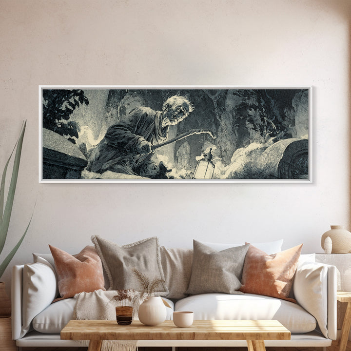 The Lantern Gravedigger, Decadent Gothic Art, Extra Wide Wall Art, Dark Halloween Decor, Framed Canvas Print, Halloween Wall Art