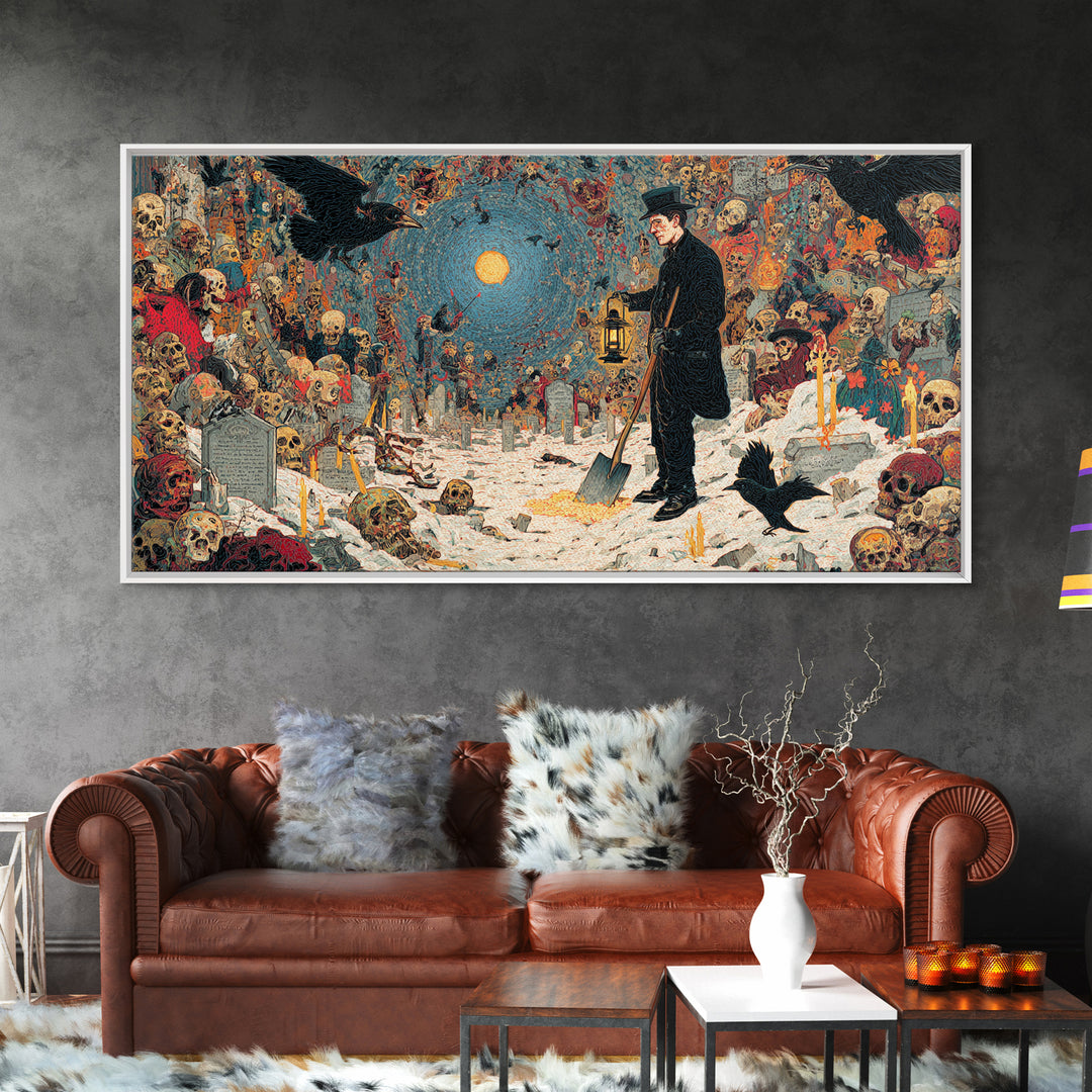 The Lantern Gravedigger, Grotesque Carnival Art, Wide Panoramic Art, Dark Fantasy Wall Art, Canvas Print, Halloween Wall Art