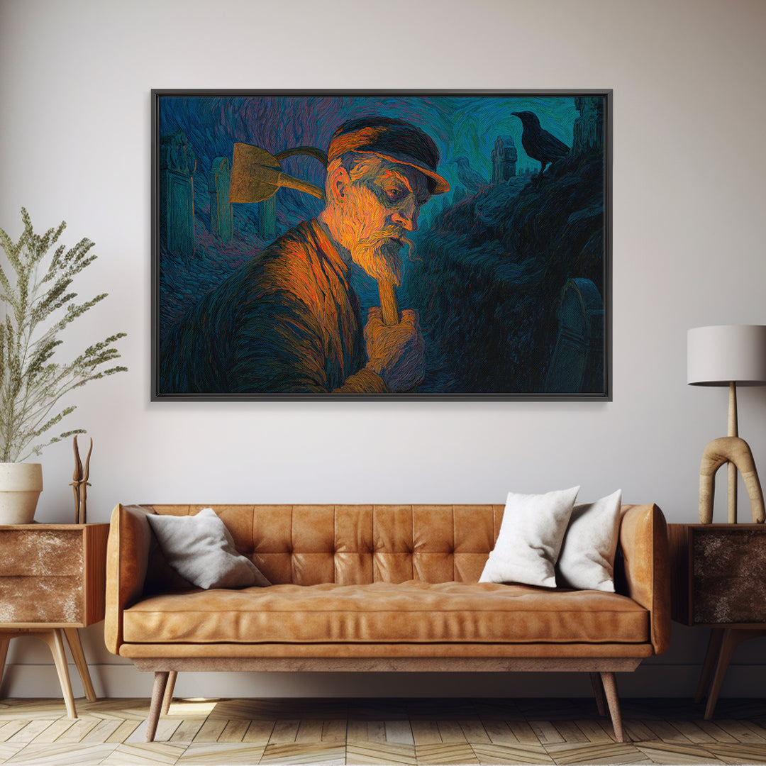 The Lantern Gravedigger, Expressionist Gothic Art, Landscape Wall Art, Macabre Wall Art, Canvas Print, Halloween Wall Art, Halloween Decor