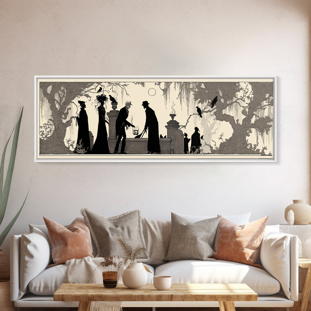 The Lantern Gravedigger, Decadent Line Art, Extra Wide Wall Art, Macabre Wall Art, Canvas Print, Halloween Wall Art