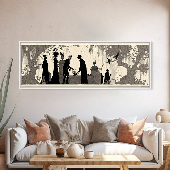 The Lantern Gravedigger, Decadent Line Art, Extra Wide Wall Art, Macabre Wall Art, Canvas Print, Halloween Wall Art