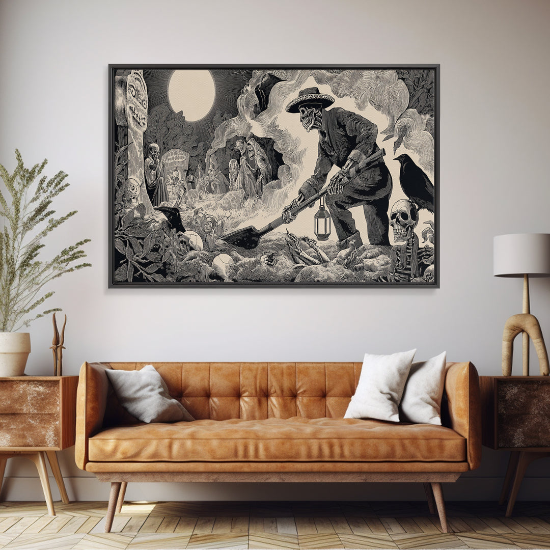 The Lantern Gravedigger, Macabre Folk Print Art, Wide Panoramic Art, Macabre Wall Art, Canvas Print, Halloween Wall Art