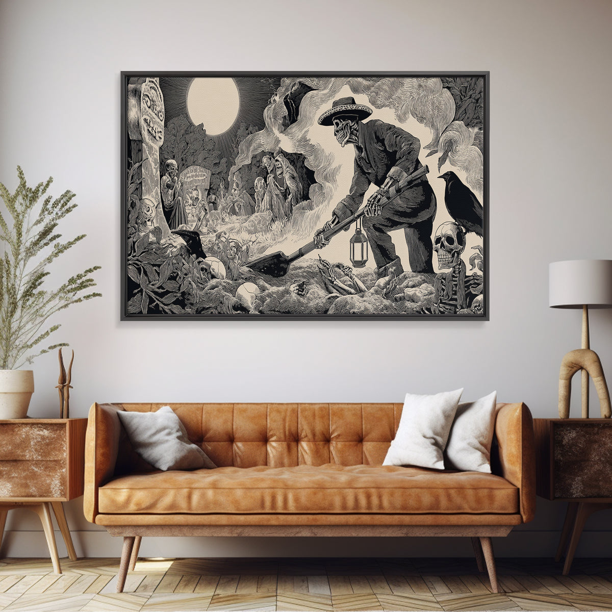 The Lantern Gravedigger, Macabre Folk Print Art, Wide Panoramic Art, Macabre Wall Art, Canvas Print, Halloween Wall Art