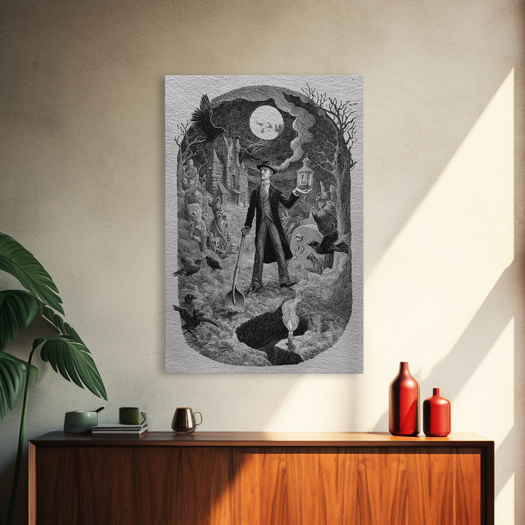 The Lantern Gravedigger, Victorian Macabre Art, Vertical Wall Art, Dark Fantasy Wall Art, Canvas Print, Halloween Wall Art