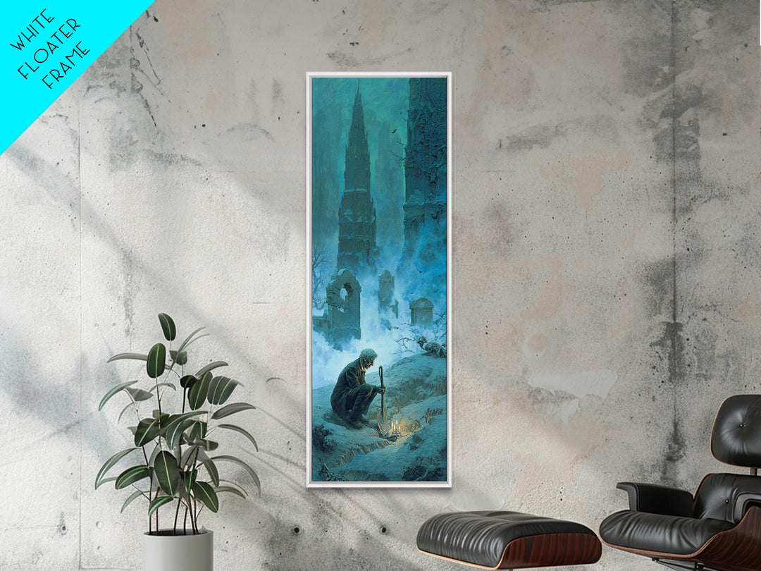 The Lantern Gravedigger, Surreal Apocalyptic Art, Tall Narrow Wall Art, Dark Halloween Decor, Framed Canvas Print, Dark Fantasy Art