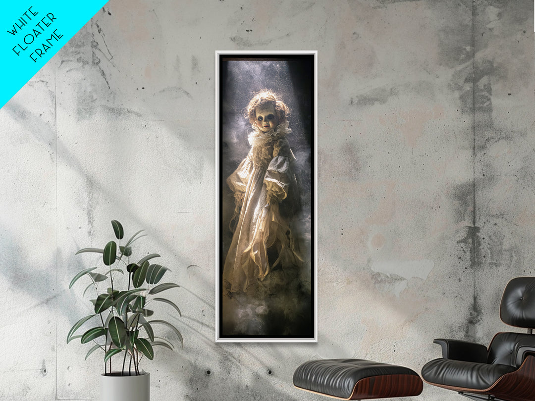 The Haunted Porcelain Doll, Gothic Engraving Art, Tall Narrow Wall Art, Dark Halloween Decor, Framed Canvas Print, Halloween Wall Art