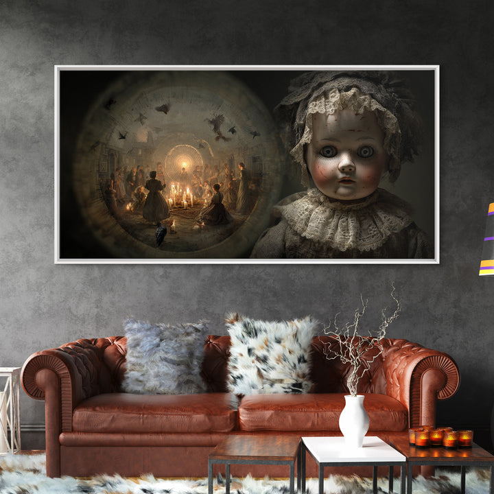 The Haunted Porcelain Doll, Northern Renaissance Horror, Wide Panoramic Art, Dark Halloween Decor, Framed Canvas Print