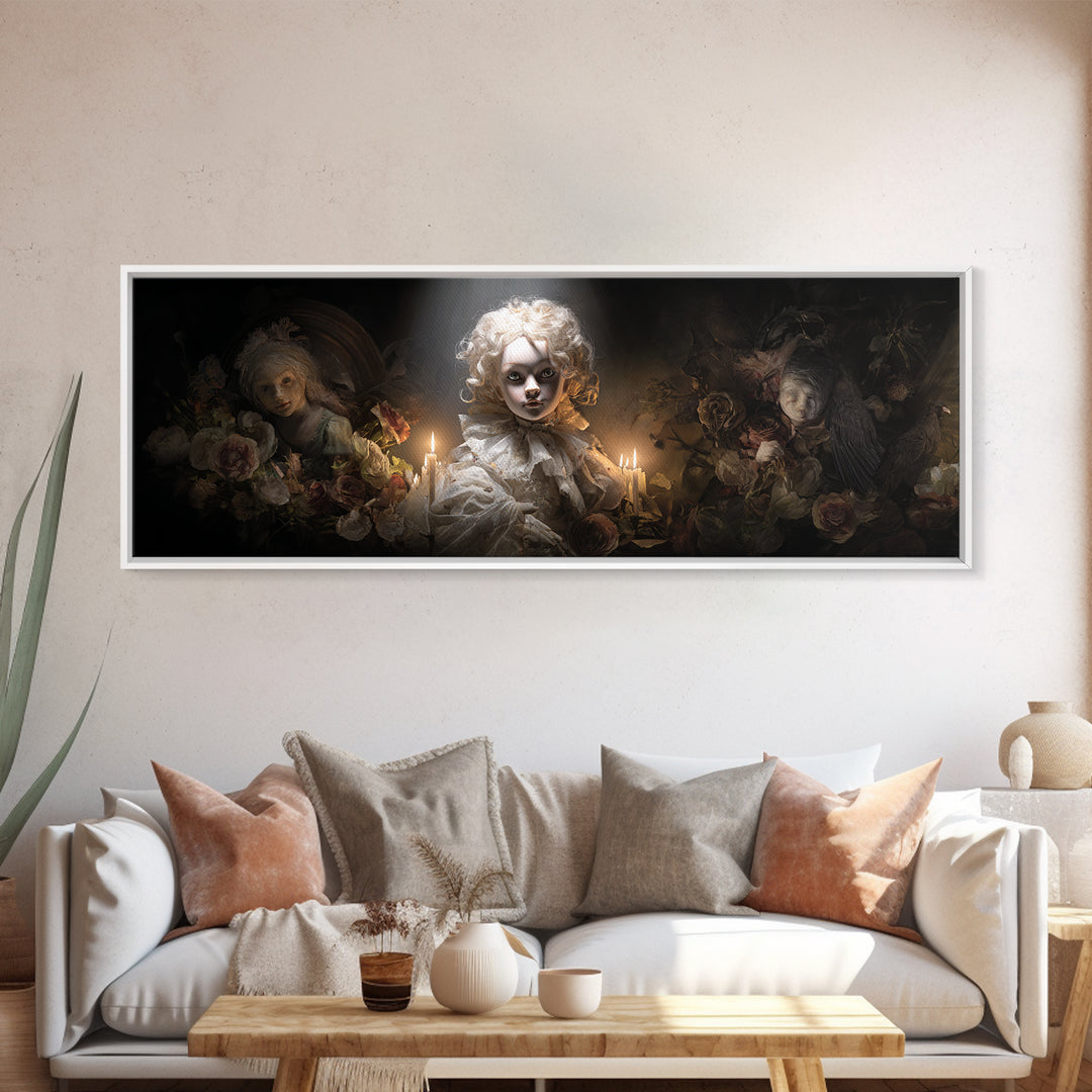 The Haunted Porcelain Doll, Gothic Nightmare Art, Extra Wide Wall Art, Dark Halloween Decor, Framed Canvas Print, Halloween Wall Art