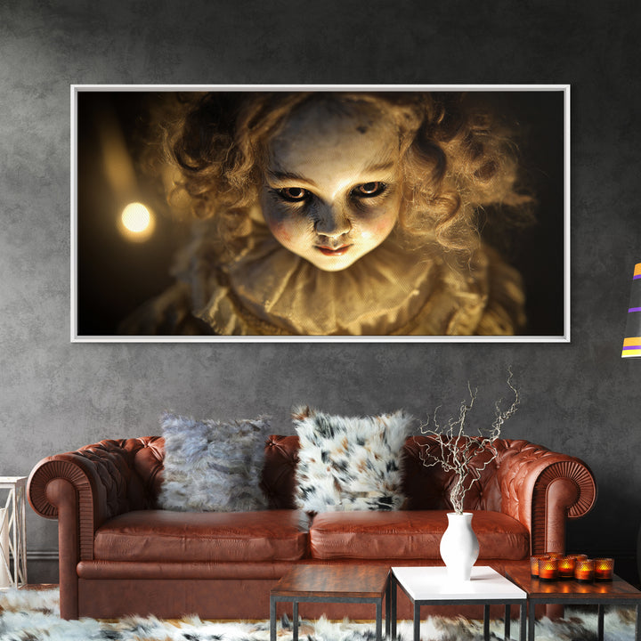 The Haunted Porcelain Doll, Visionary Gothic Art, Wide Panoramic Art, Dark Halloween Decor, Canvas Print, Halloween Wall Art