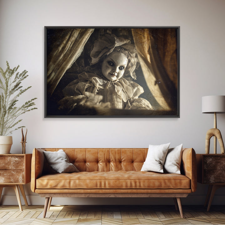 The Haunted Porcelain Doll, Architectural Etching Art, Landscape Wall Art, Dark Halloween Decor, Framed Canvas Print