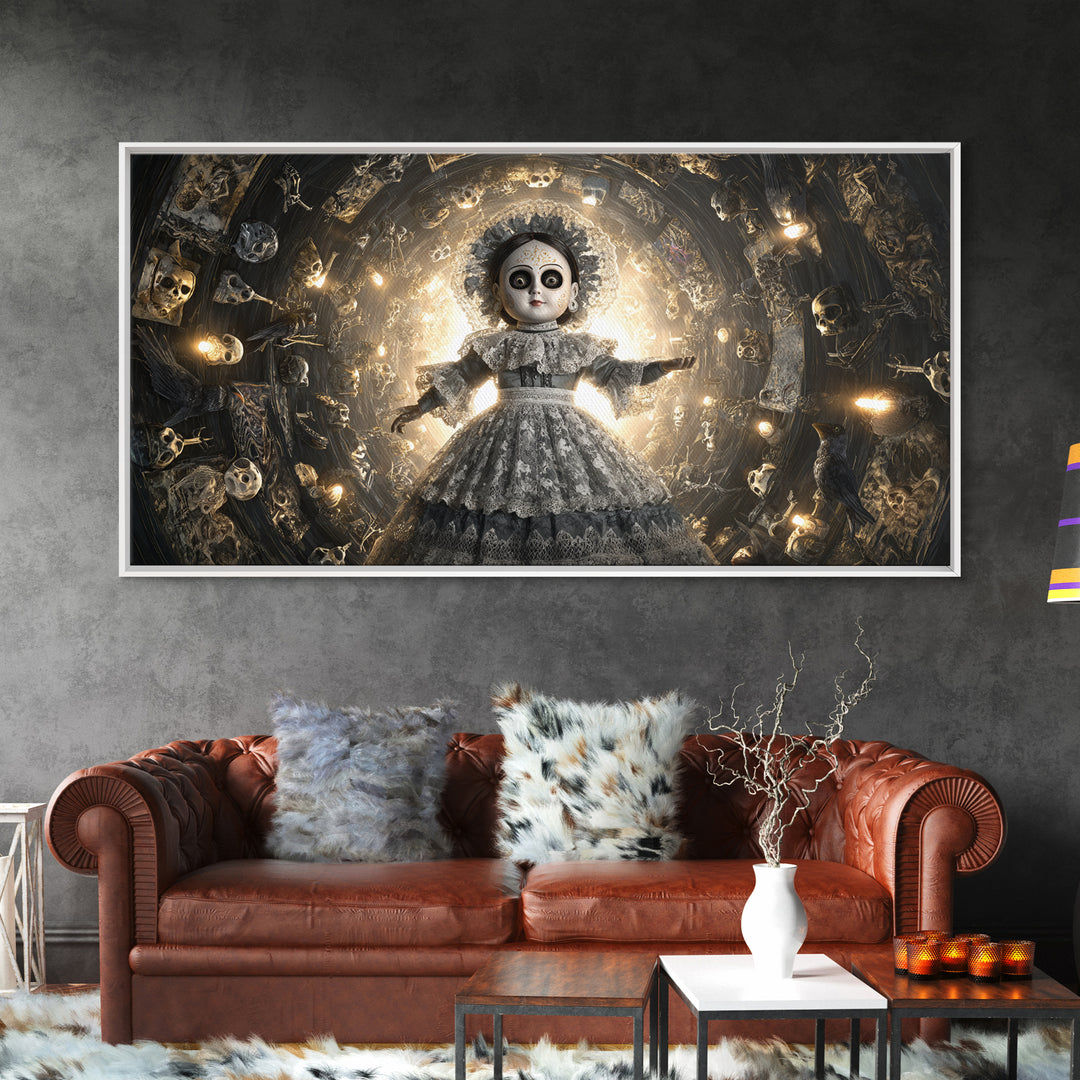 The Haunted Porcelain Doll, Macabre Folk Print Art, Wide Panoramic Art, Gothic Horror Wall Art, Framed Canvas Print