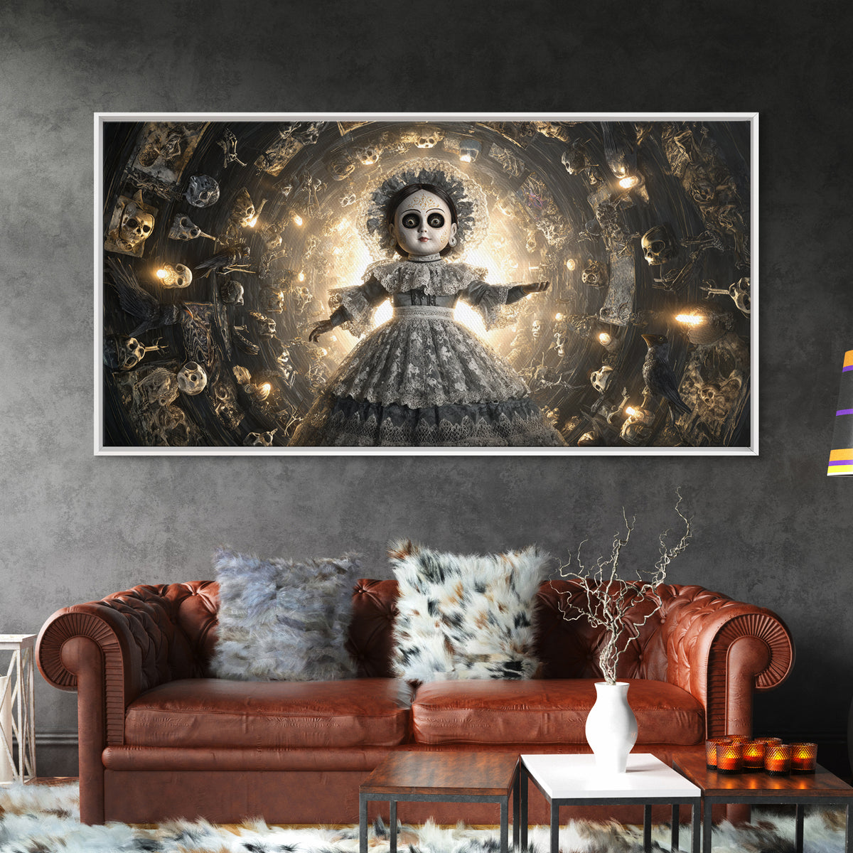 The Haunted Porcelain Doll, Macabre Folk Print Art, Wide Panoramic Art, Gothic Horror Wall Art, Framed Canvas Print