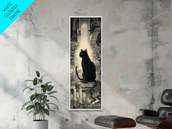 The Black Cat Familiar, Gothic Engraving Art, Tall Narrow Wall Art, Macabre Wall Art, Framed Canvas Print, Halloween Wall Art