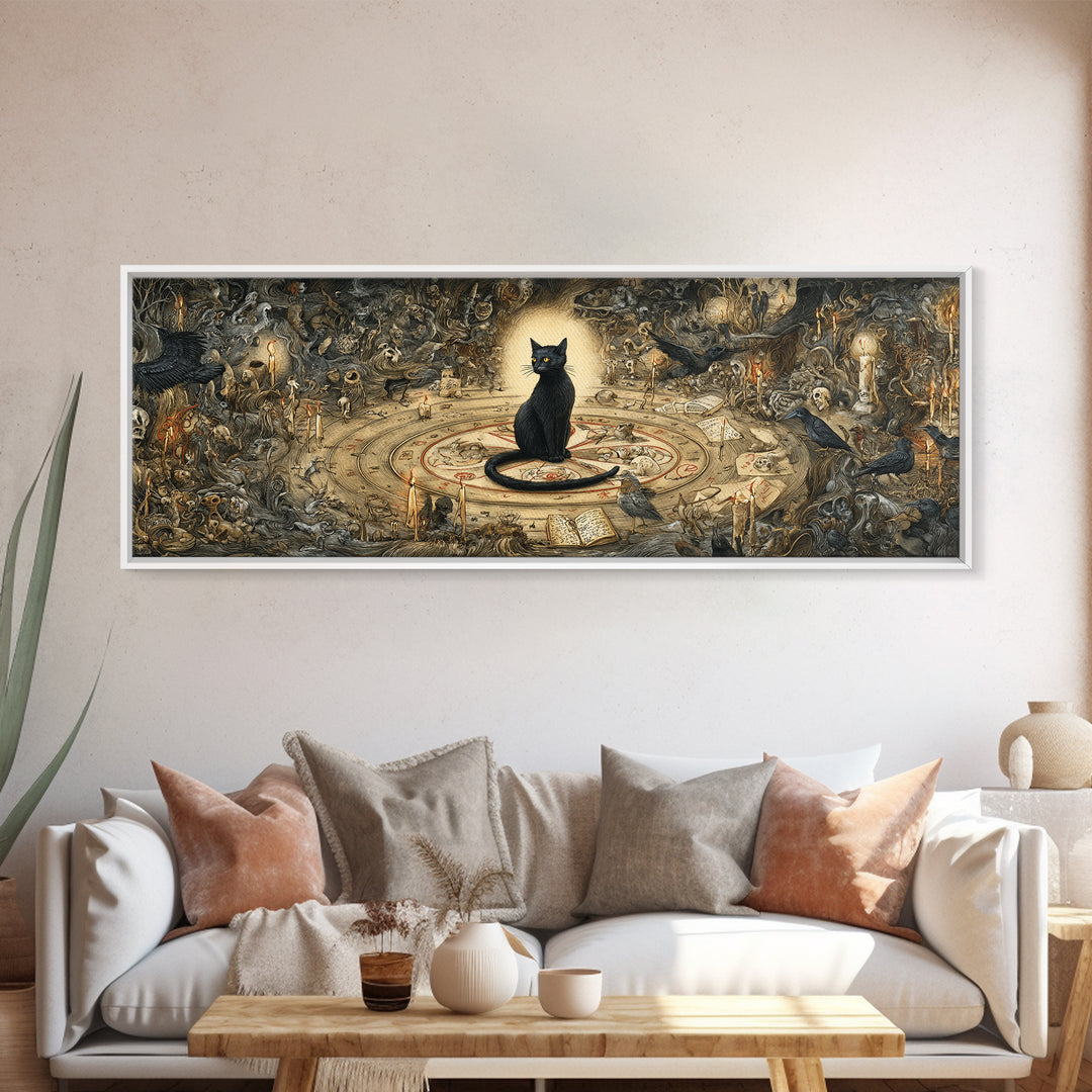 The Black Cat Familiar, Medieval Grotesque Art, Extra Wide Wall Art, Dark Halloween Decor, Canvas Print, Halloween Wall Art