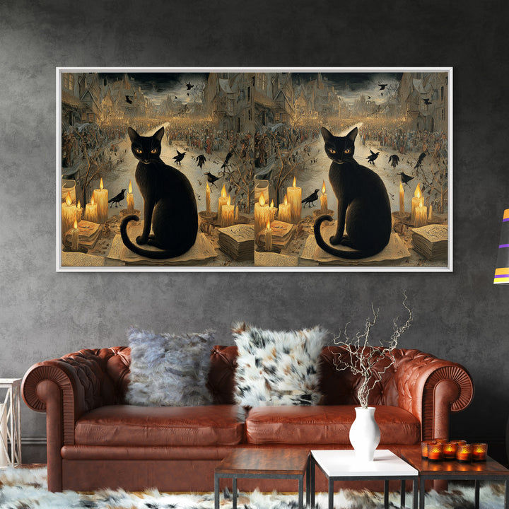 The Black Cat Familiar, Northern Renaissance Horror, Wide Panoramic Art, Dark Halloween Decor, Canvas Print, Halloween Wall Art