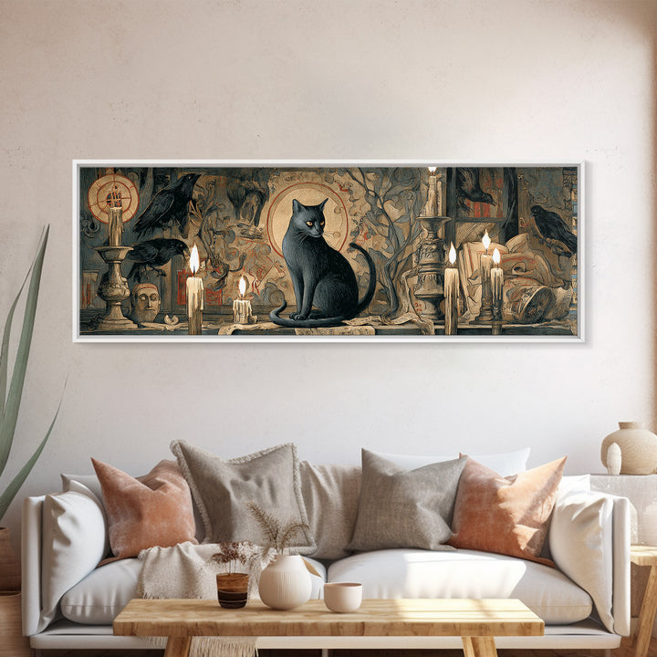 The Black Cat Familiar, Dark Renaissance Art, Extra Wide Wall Art, Dark Fantasy Wall Art, Framed Canvas Print, Halloween Wall Art