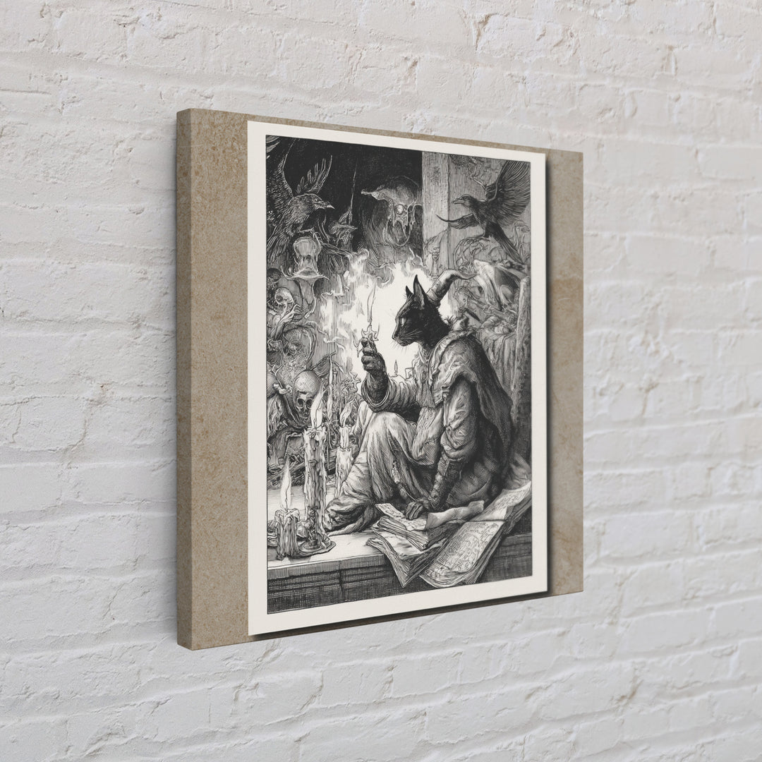 The Black Cat Familiar, Renaissance Engraving Art, Square Wall Art, Dark Fantasy Wall Art, Canvas Print, Halloween Wall Art