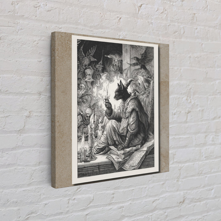 The Black Cat Familiar, Renaissance Engraving Art, Square Wall Art, Dark Fantasy Wall Art, Canvas Print, Halloween Wall Art