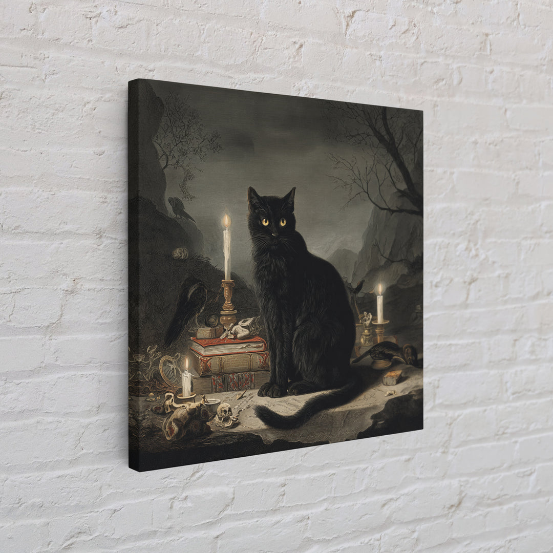 The Black Cat Familiar, Baroque Witchcraft Art, Square Wall Art, Macabre Wall Art, Framed Canvas Print, Halloween Wall Art