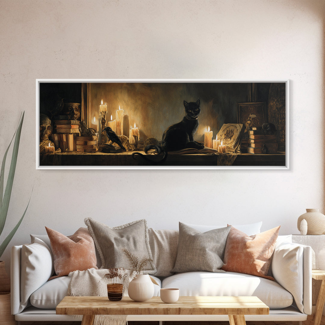 The Black Cat Familiar, Gothic Nightmare Art, Extra Wide Wall Art, Dark Halloween Decor, Canvas Print, Halloween Wall Art