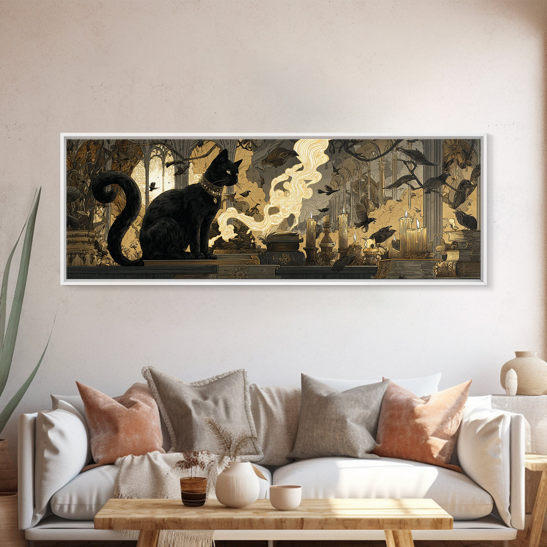 The Black Cat Familiar, Visionary Gothic Art, Extra Wide Wall Art, Macabre Wall Art, Canvas Print, Halloween Wall Art, Horror Wall Art