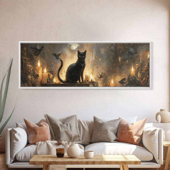 The Black Cat Familiar, Apocalyptic Romantic Art, Extra Wide Wall Art, Dark Fantasy Wall Art, Framed Canvas Print, Halloween Wall Art