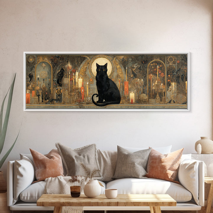 The Black Cat Familiar, Ornate Symbolist Art, Extra Wide Wall Art, Gothic Horror Wall Art, Canvas Print, Halloween Wall Art
