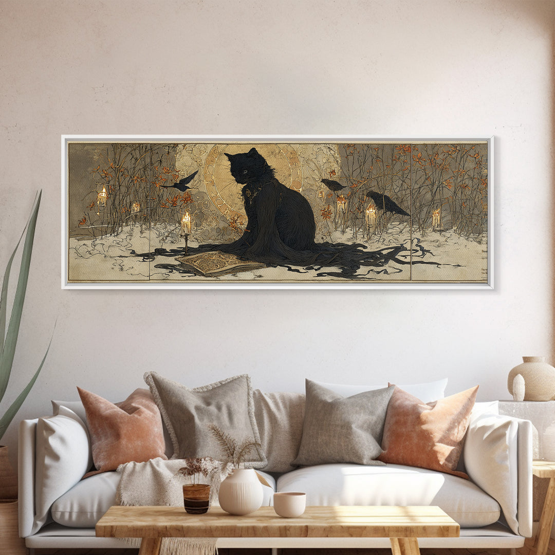 The Black Cat Familiar, Symbolist Death Art, Extra Wide Wall Art, Dark Fantasy Wall Art, Framed Canvas Print, Halloween Wall Art